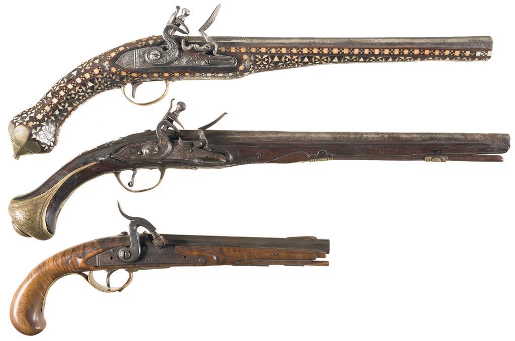 Three Black Powder Pistols A) Flintlock Pistol with Bone/Ebony Rock