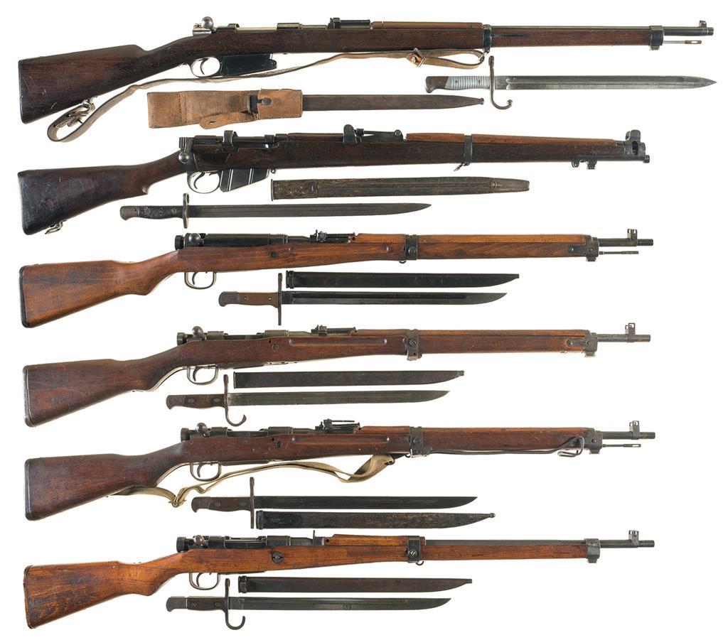 Six Military Bolt-action Rifles W  Bayonets And Scabbards 