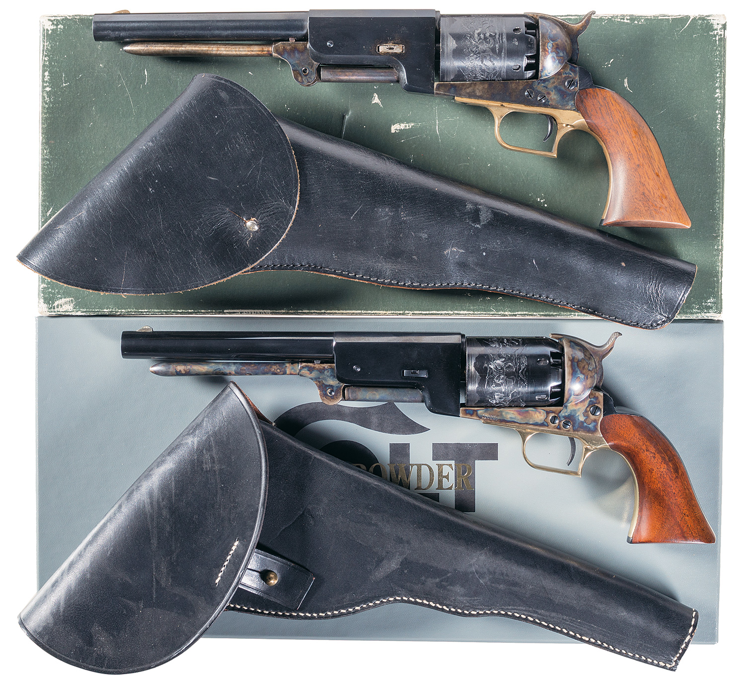 Two Colt Walker Reproduction Percussion Revolvers w/ Holsters an Rock