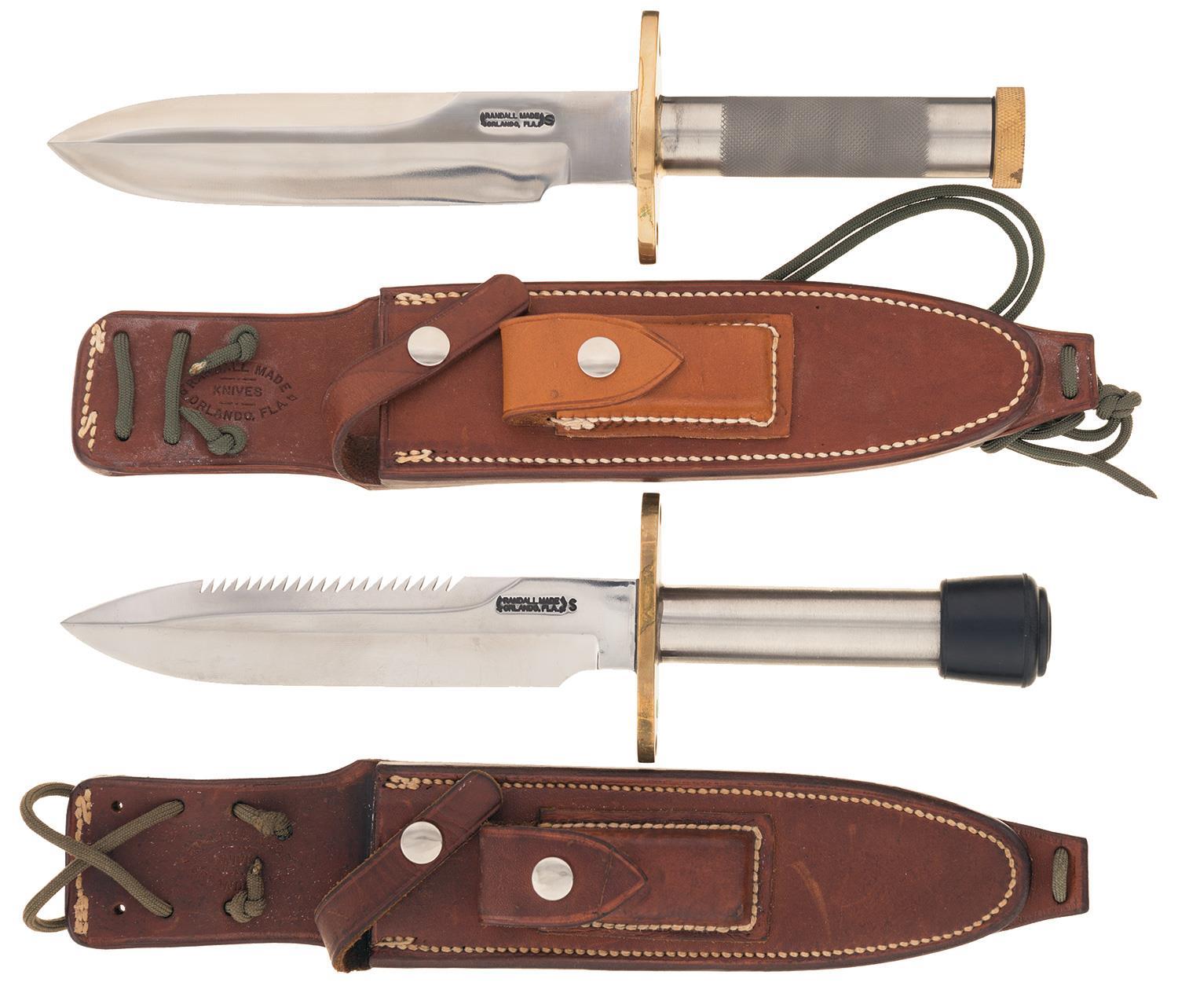 Two Randall Model 18 AttackSurvival Knives with Sheaths, Includ Rock