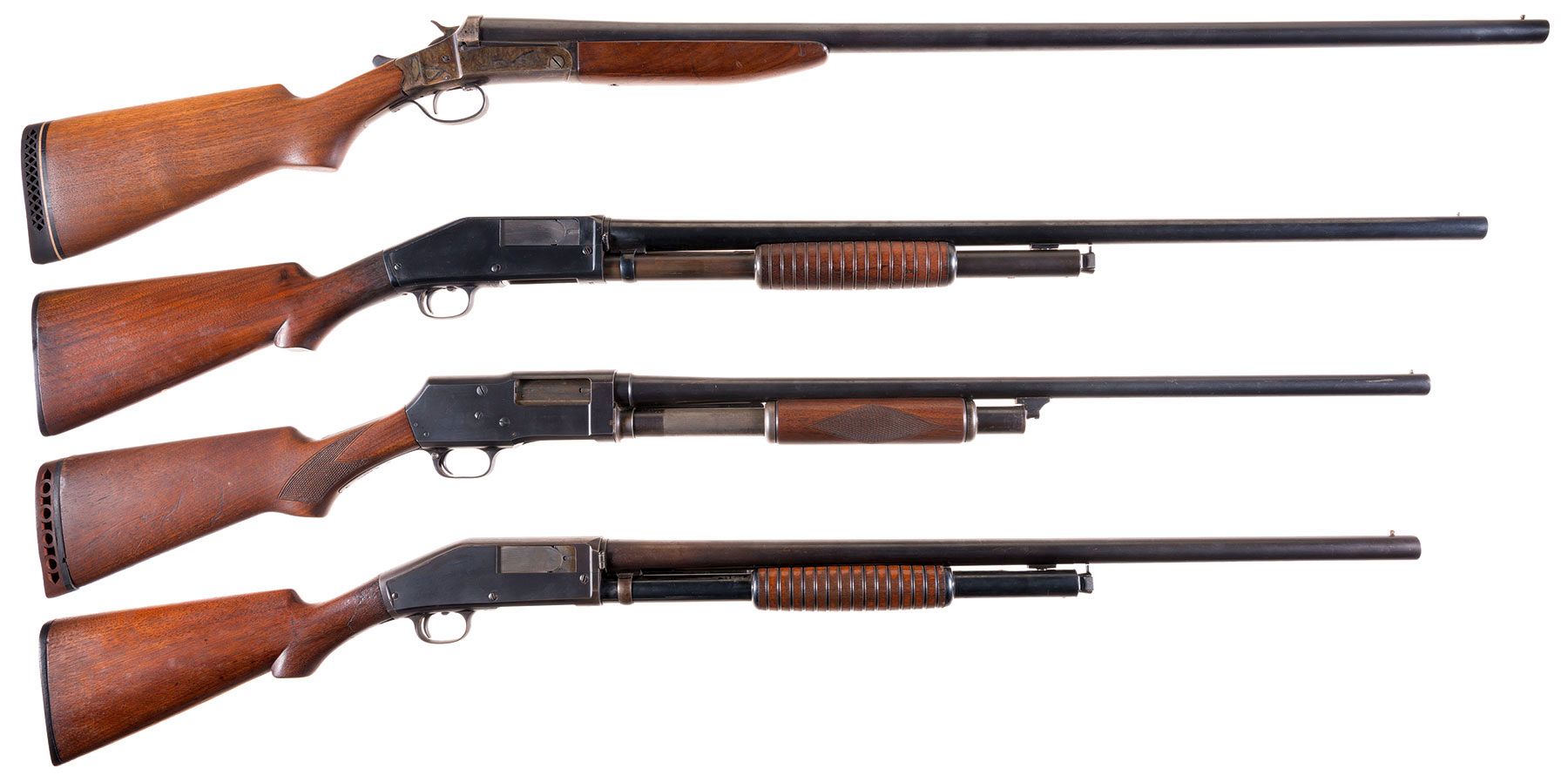 Four Shotguns A) Stevens Super Range Goose Gun Single Shot Shot Rock