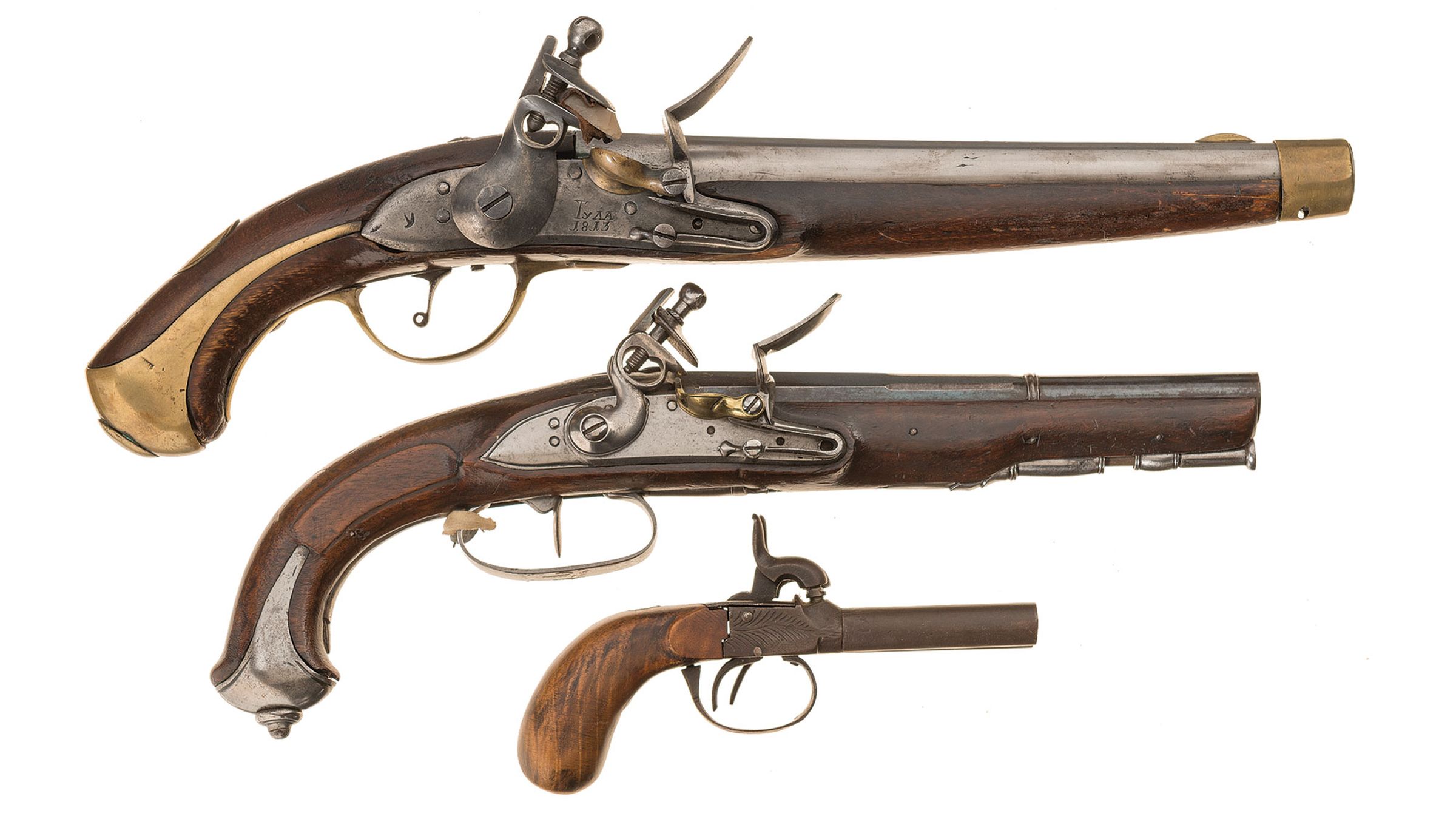 three-antique-muzzle-loading-pistols-rock-island-auction