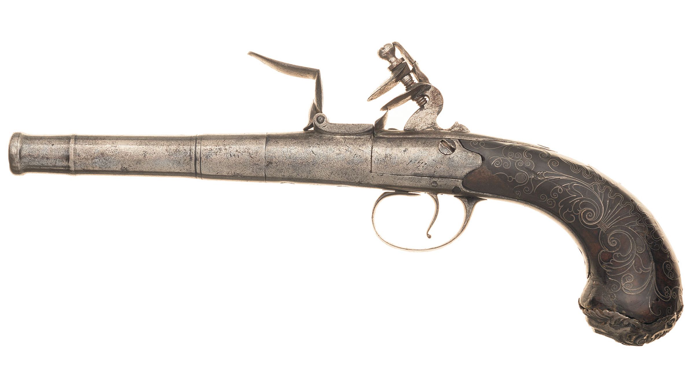 Box Lock Flintlock Pistol with Silver Inlaid Grip | Rock Island Auction