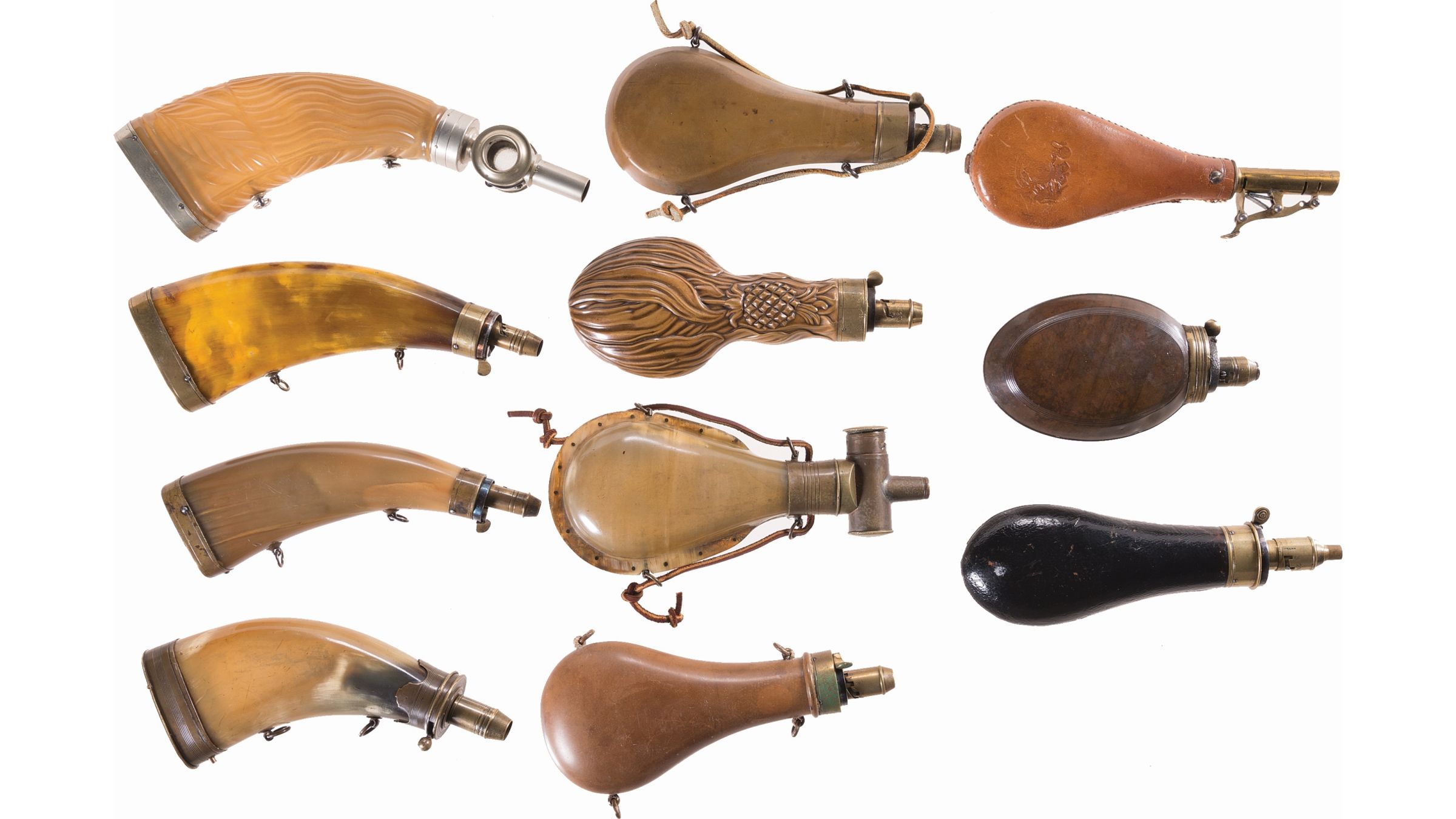 Ten Powder Flasks of Various Styles and a Shot Pouch | Rock Island Auction