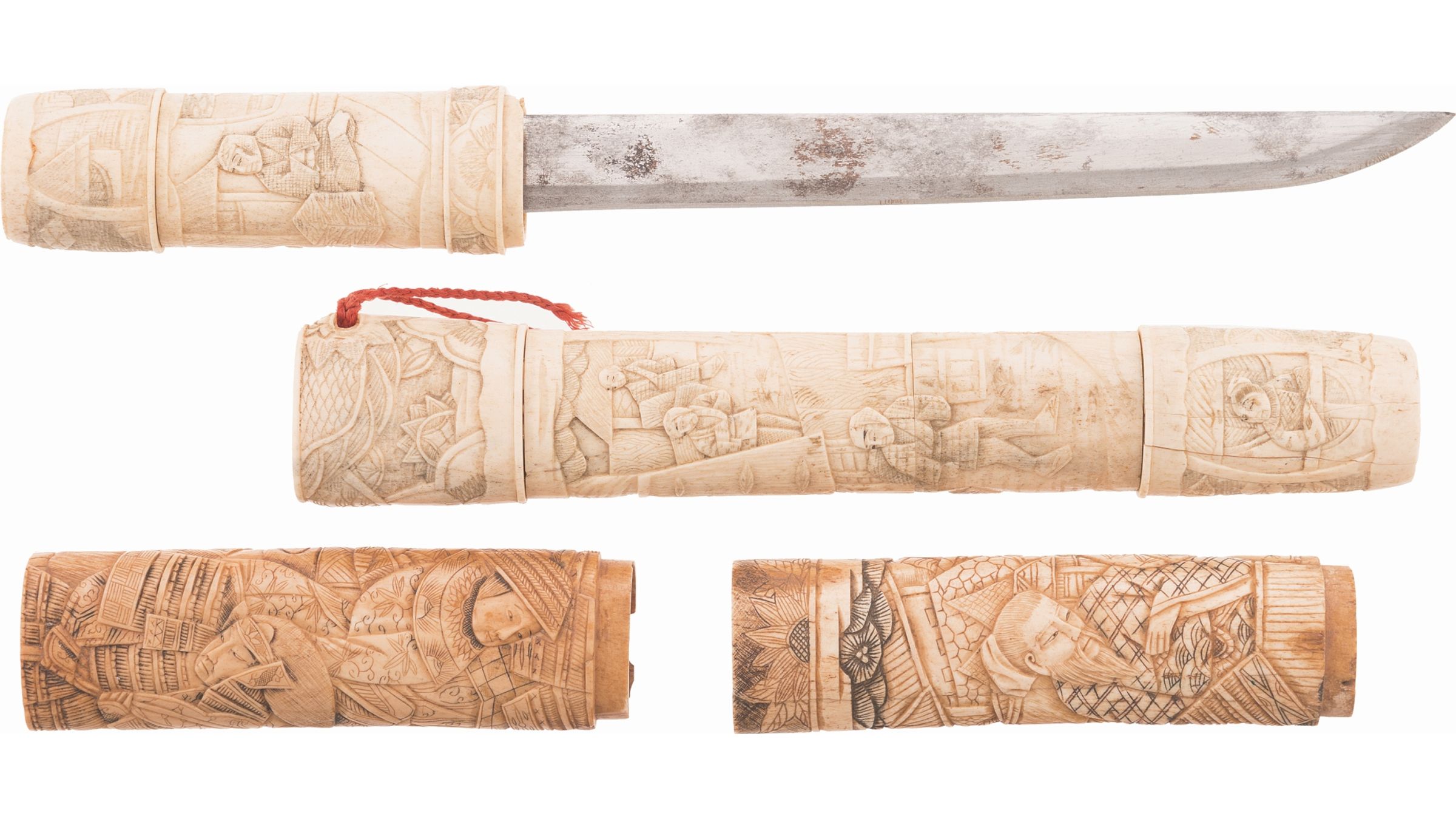 Japanese Style Knife with Carved Bone Handle and Scabbard Rock Island