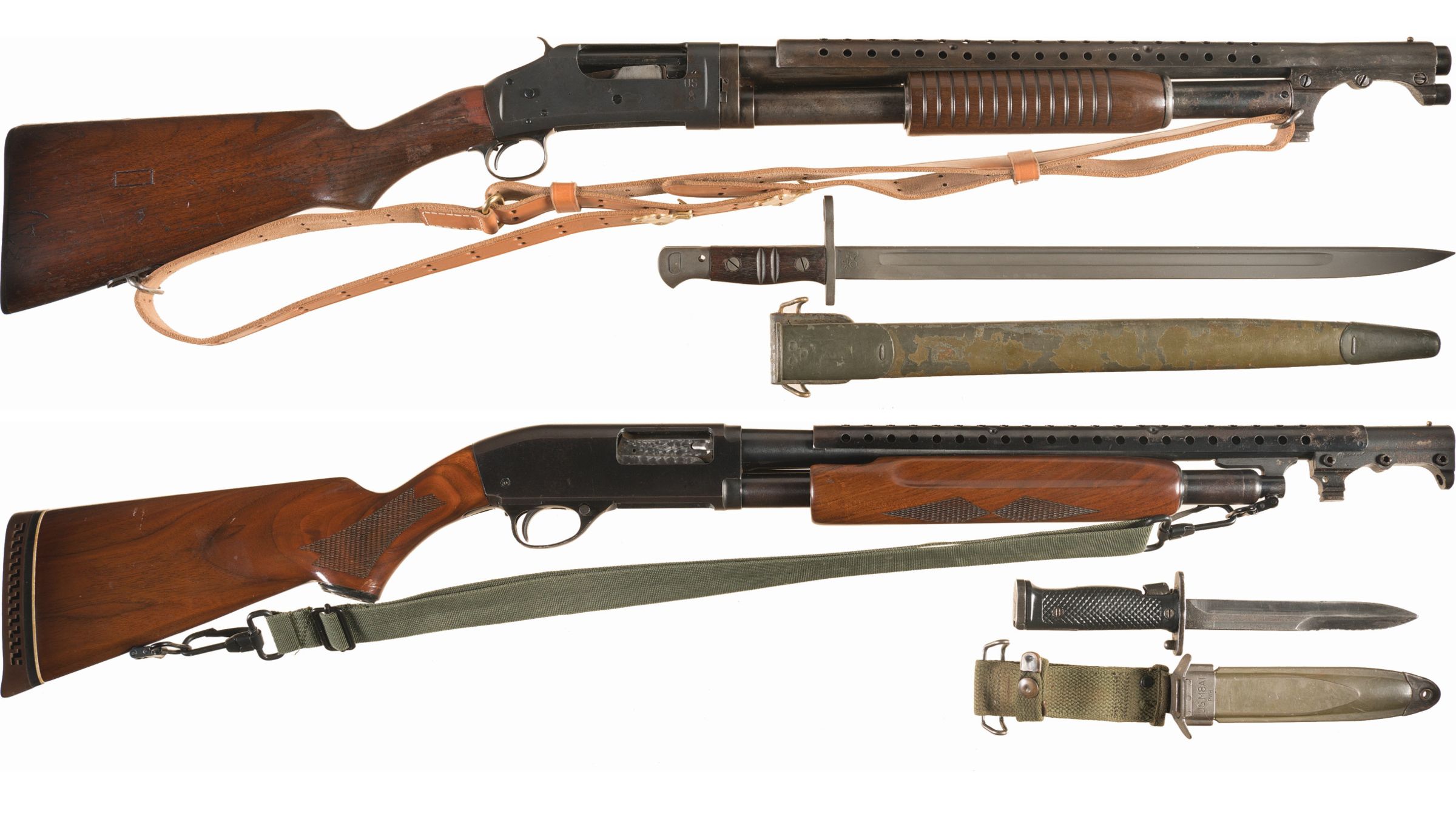 Two Trench Style Slide Action Shotguns with Bayonets | Rock Island Auction