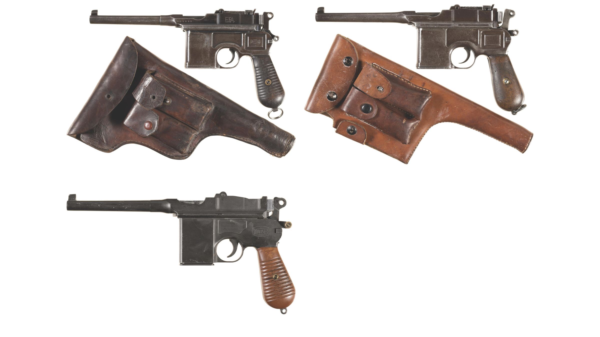 Two Broomhandle SemiAutomatic Pistols and One Replica Rock Island