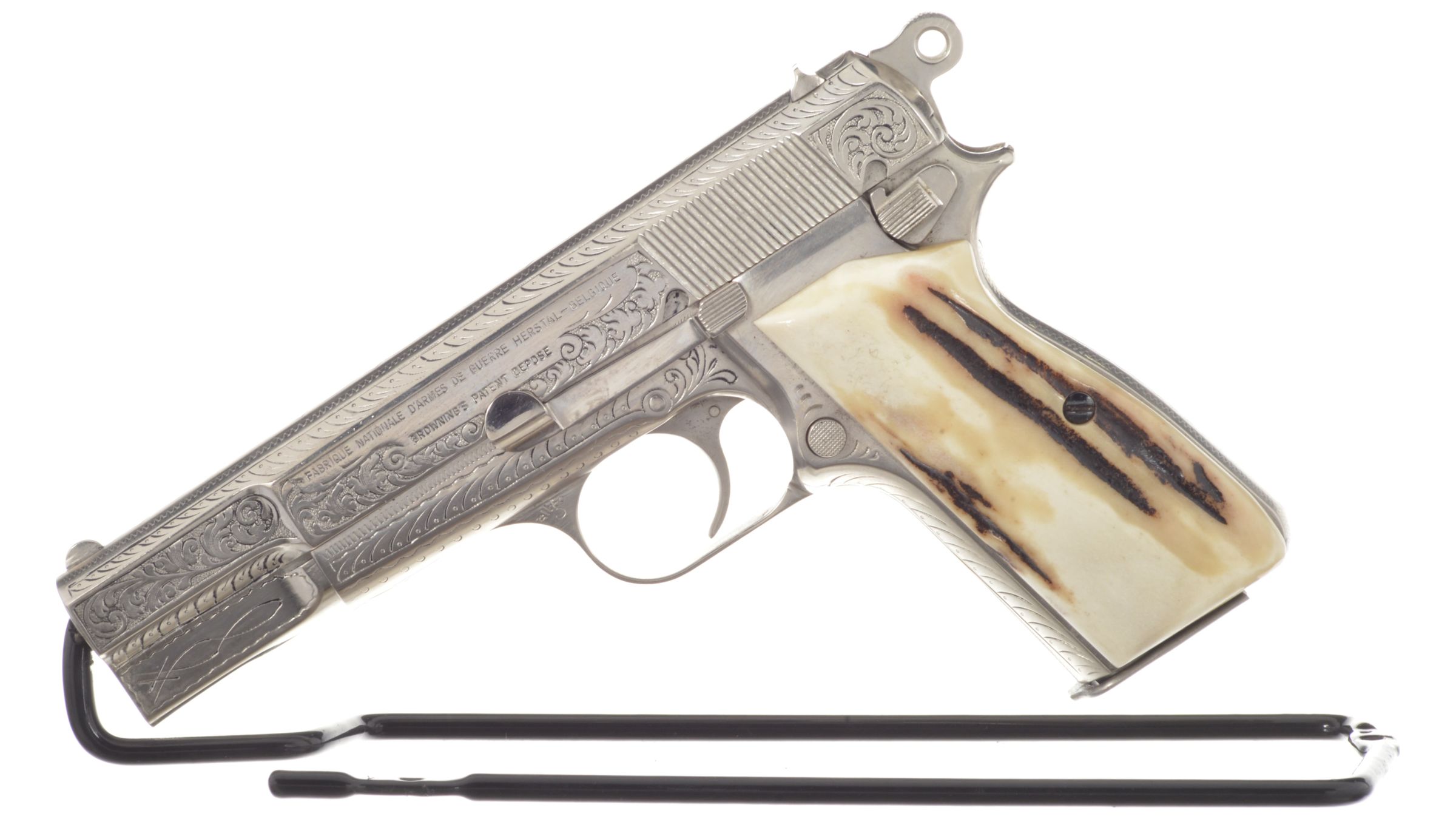 Engraved Belgian Browning High Power Pistol With Stag Grips Rock Island Auction 4461