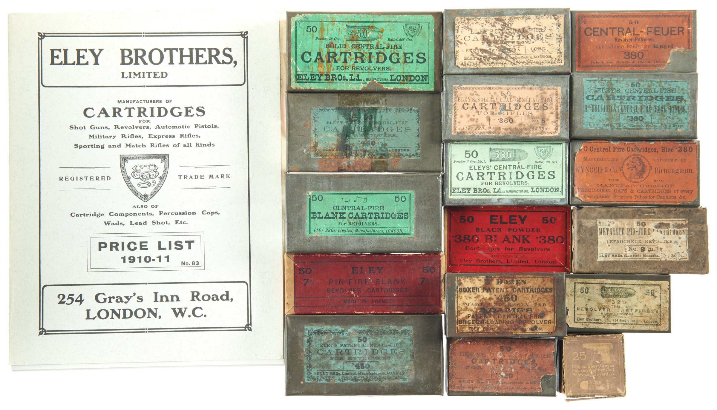 Vintage Ammunition Boxes, Primarily Eley, with Price List Rock Island Auction