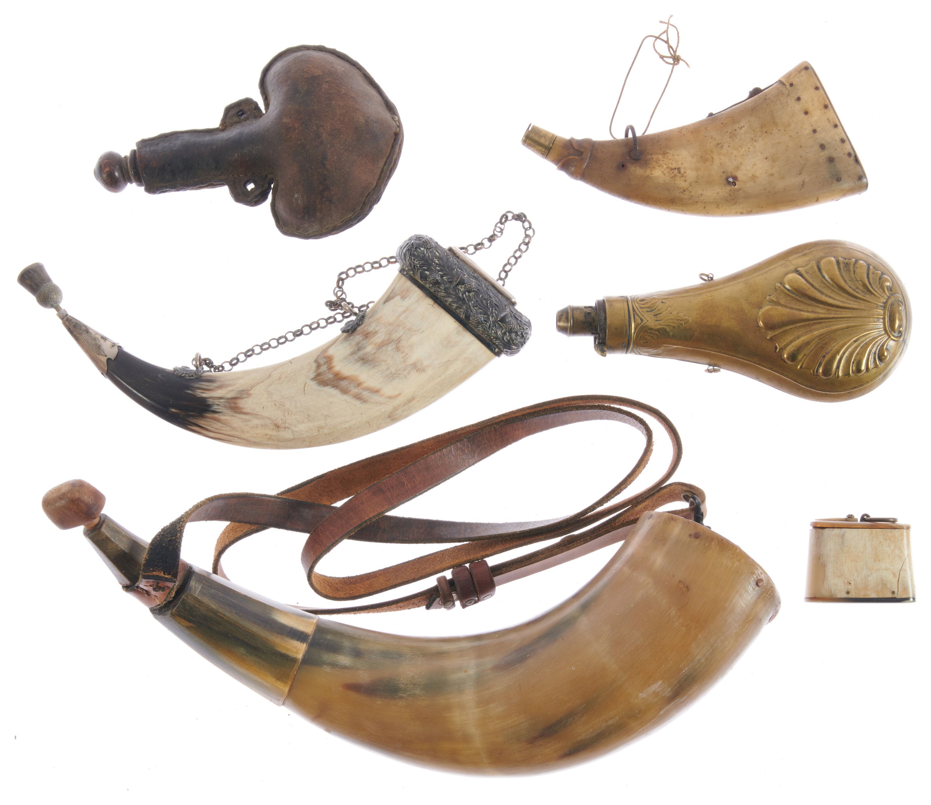 Six Powder Flasks and Horns Rock Island Auction