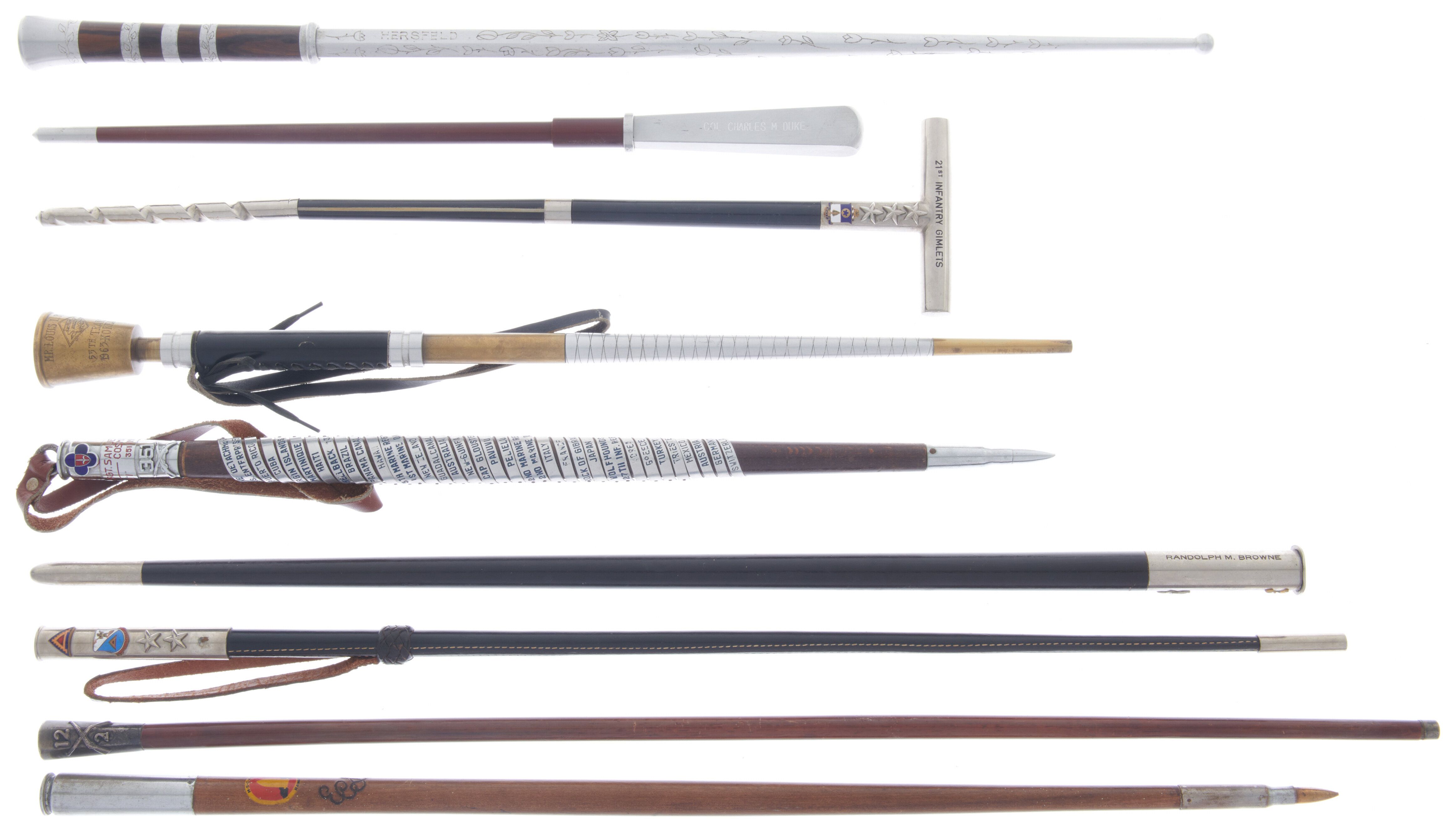 Grouping of Nine Primarily U.S. Military Swagger Sticks Rock Island