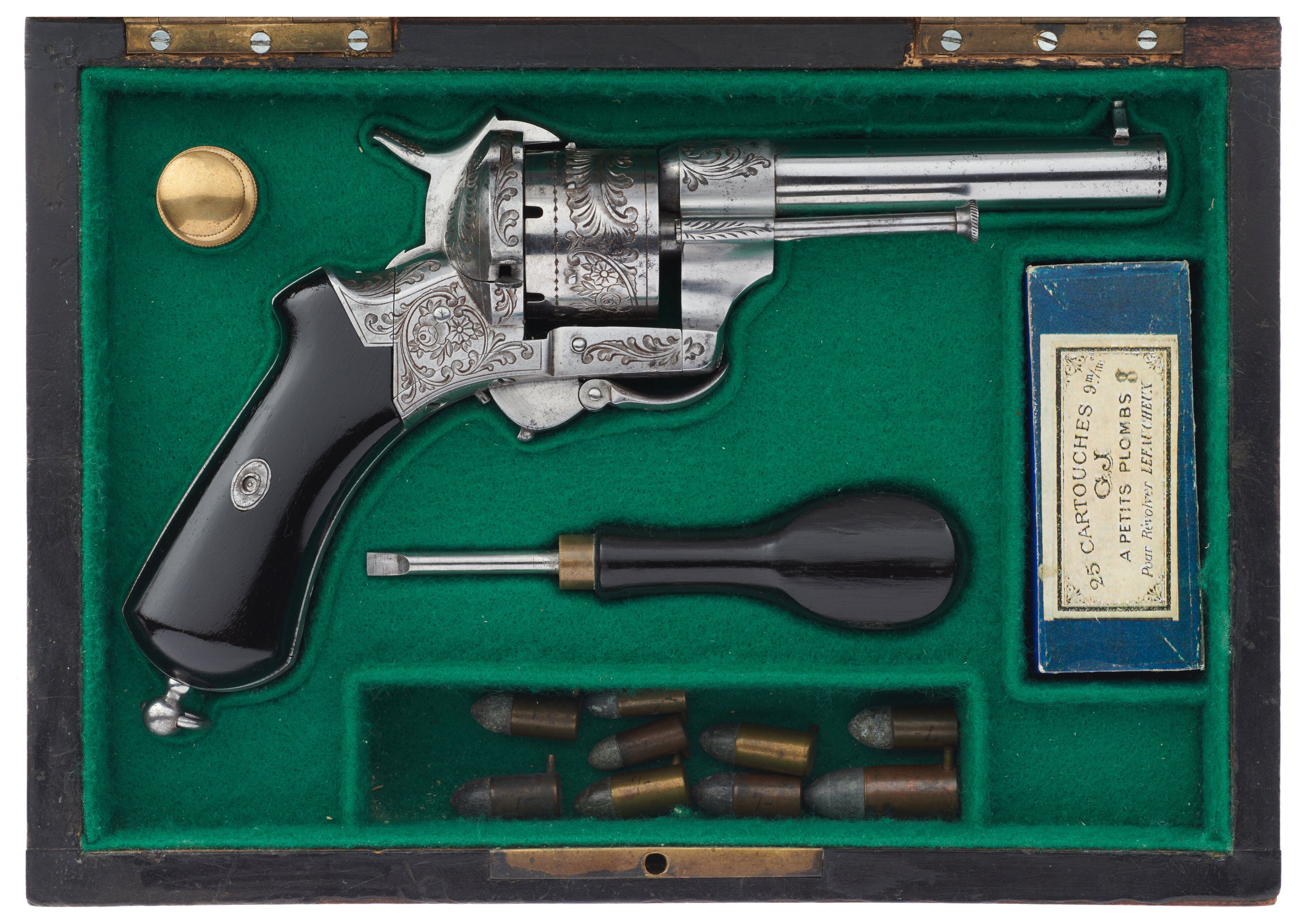 Engraved Lefaucheux Pinfire Revolver With Case Accessories Rock Island Auction 7965