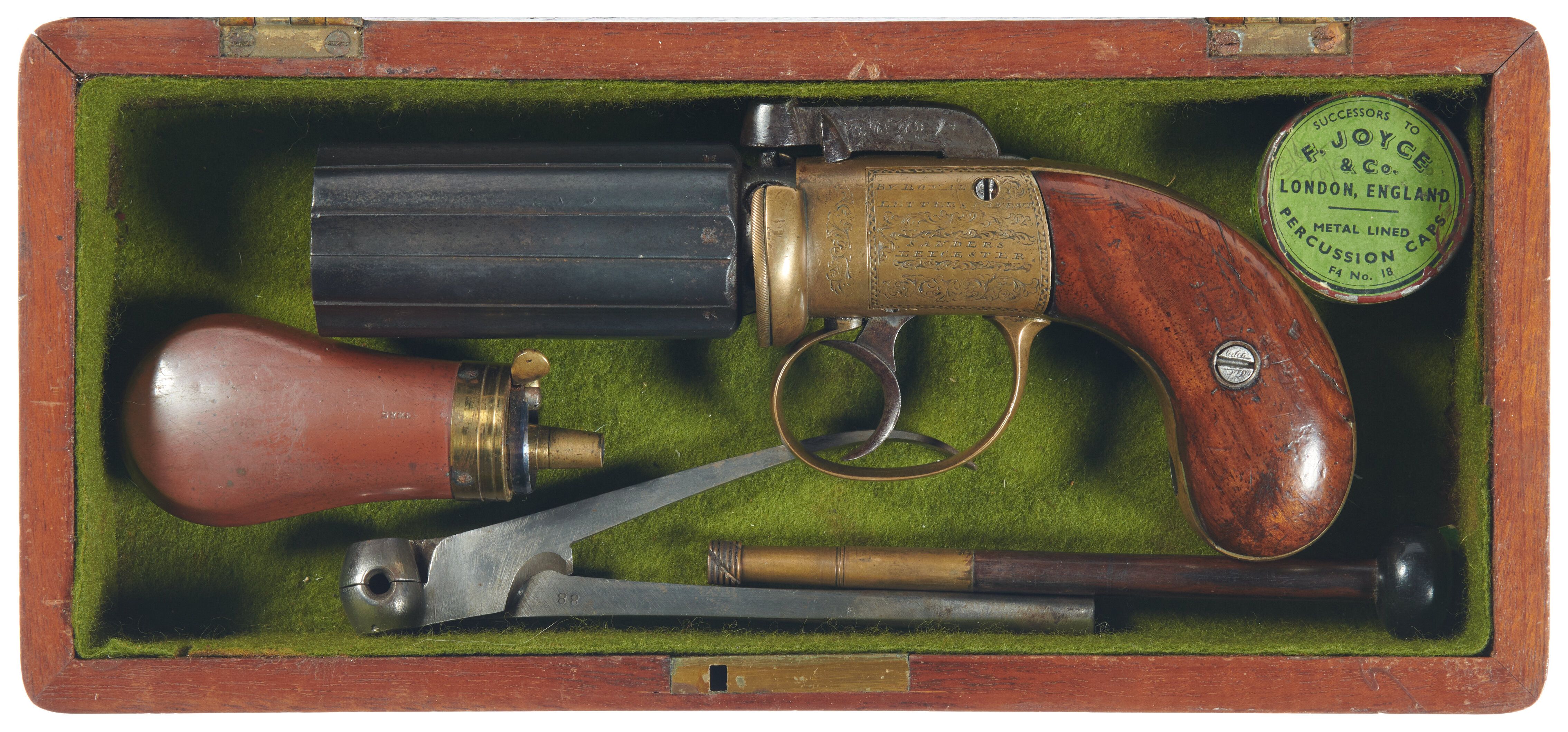 Engraved English Sanders Bar Hammer Percussion Pepperbox | Rock Island