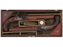 Cased Pair of Bennett Flintlock Dueling Pistols