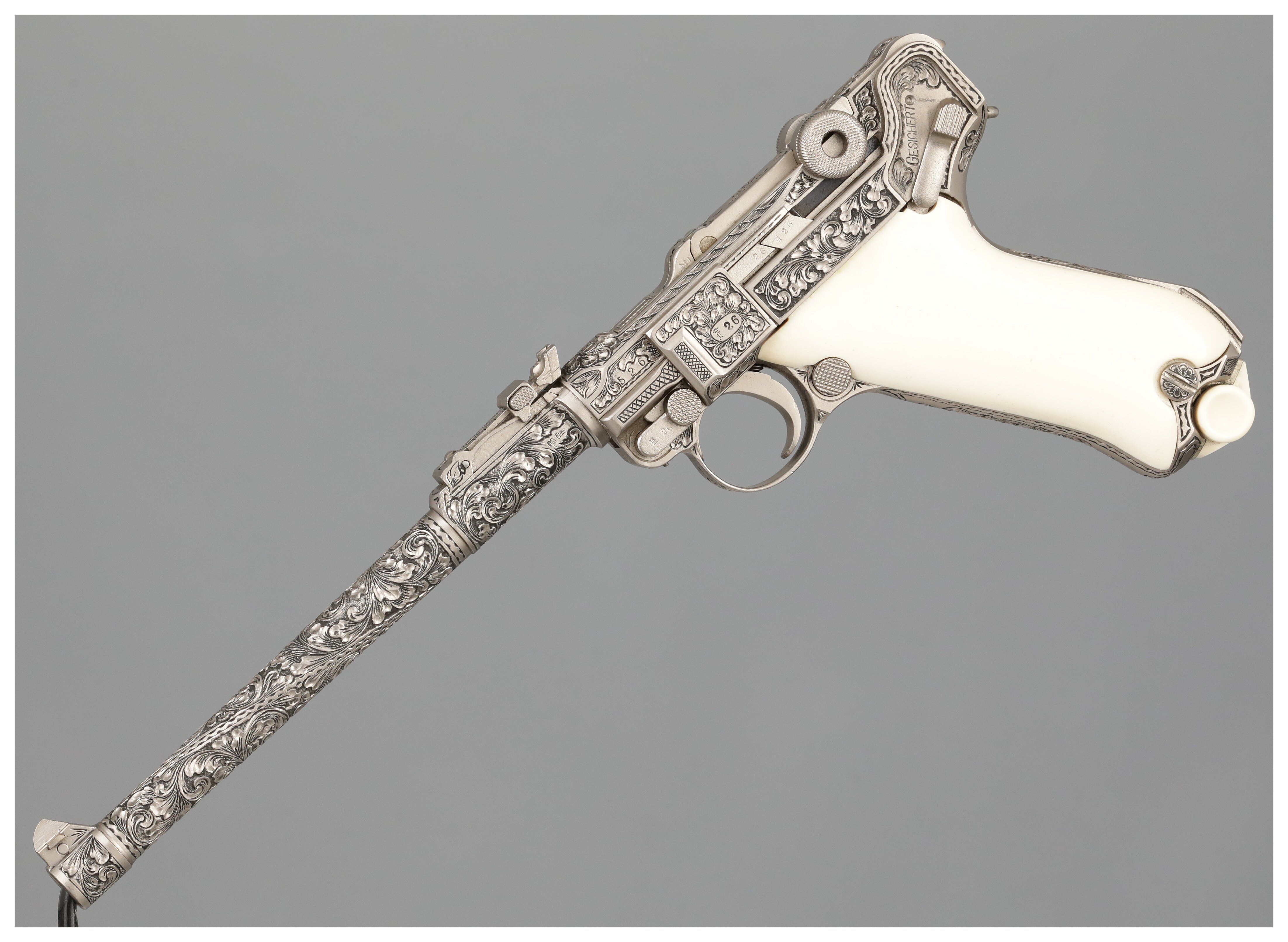 Shostle Engraved Erfurt Artillery Luger Pistol with Ivory Grips