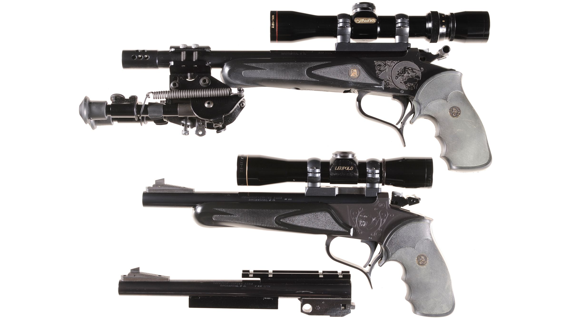Two Thompson Center Contender Single Shot Pistols with Scopes Rock
