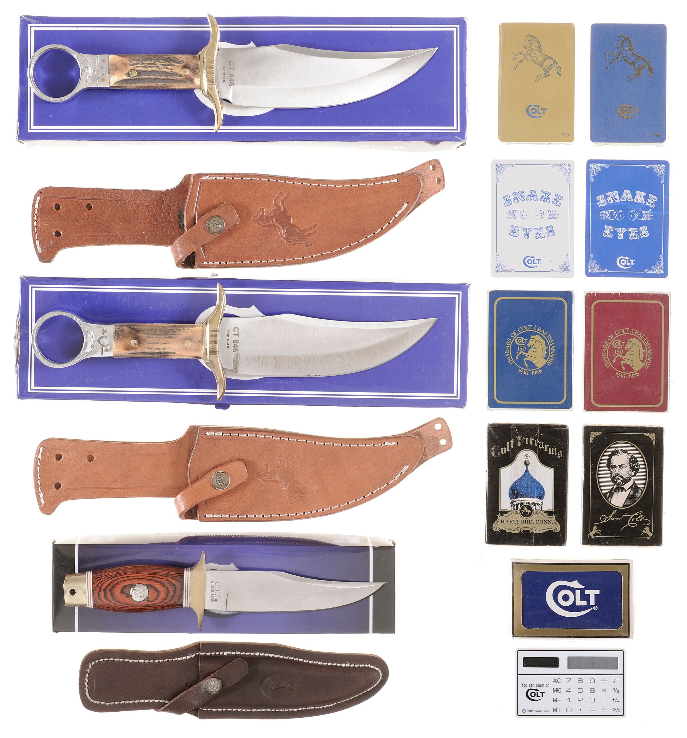Three Colt Fixed Blade Knives and Assorted Colt Playing Cards Rock