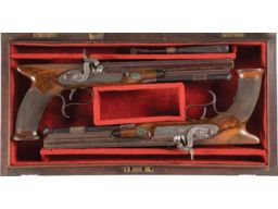 Cased Pair of Lacy & Co. Saw-Handle Percussion Dueling Pistols