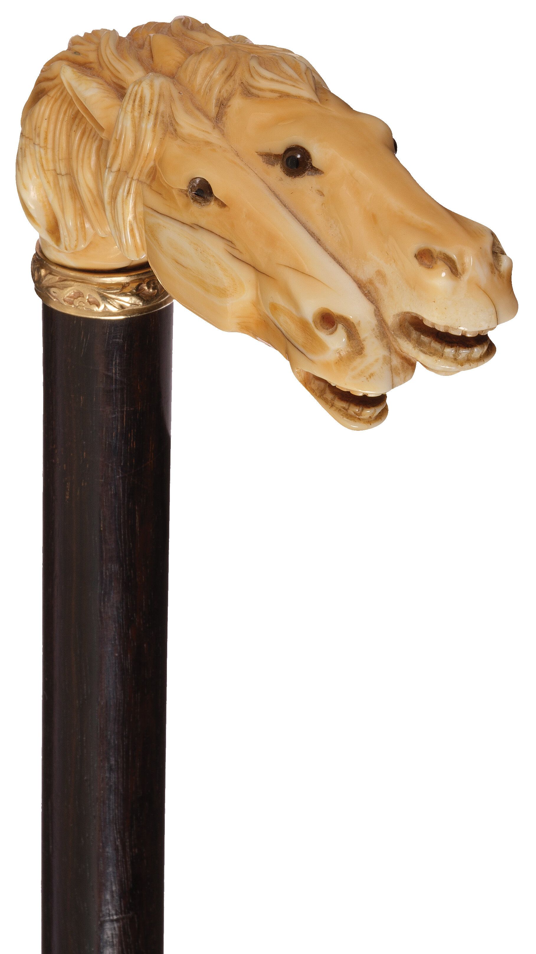 Relief Carved Double Horse Head Cane with Gilt Band | Rock Island Auction