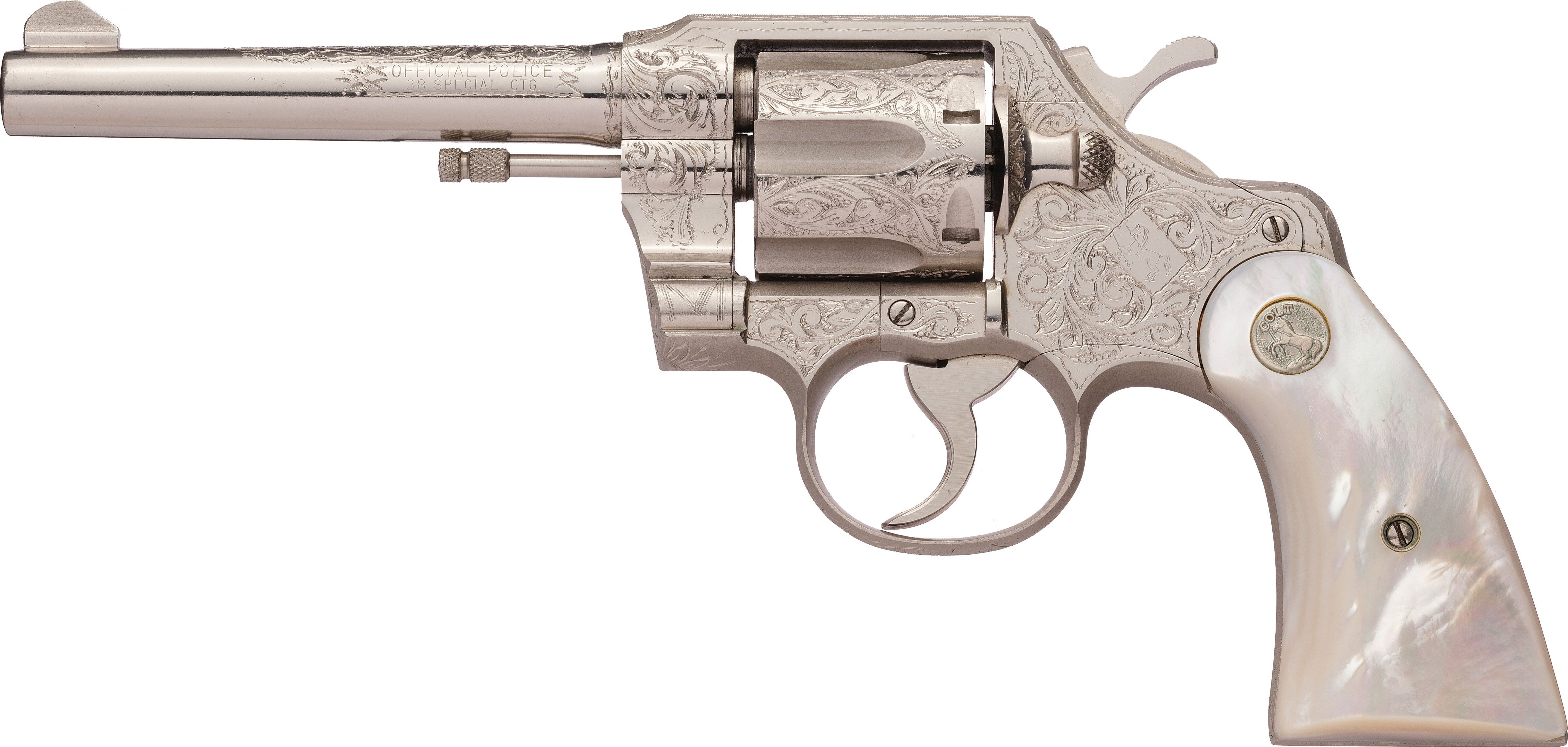 Official Police 38 Special HW モデルガン 6インチ Factory Engraved Colt Official Police Revolver with Pearl Grips