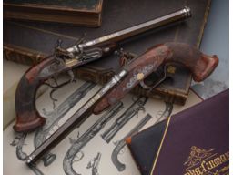 Engraved and Gold and Platinum Inlaid Flintlock Dueling Pistols