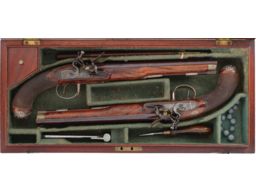 Cased Pair of Silver Mounted D. Egg Flintlock Dueling Pistols