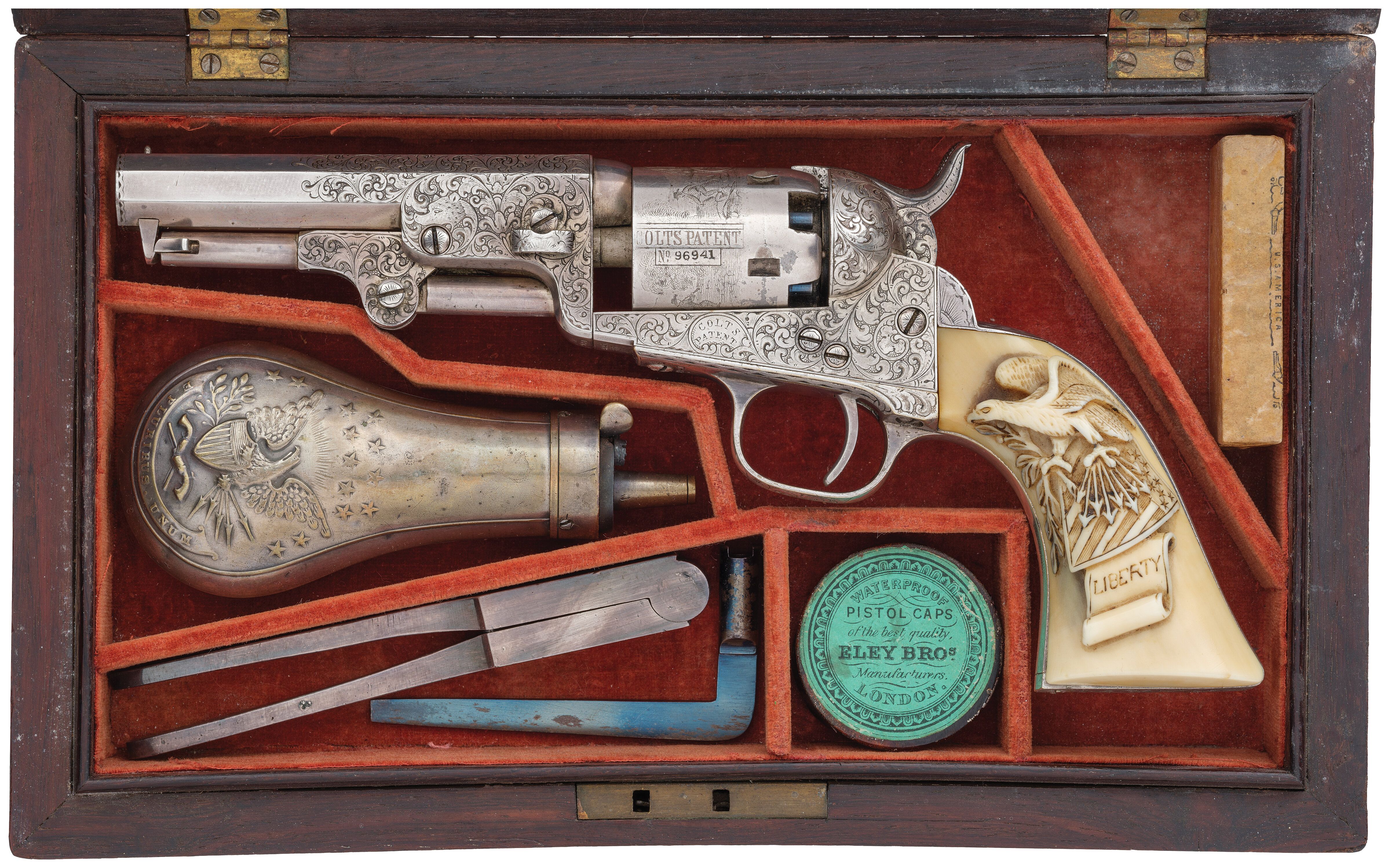 Cased Engraved Silver Colt 1849 Pocket Revolver with Carved Grip