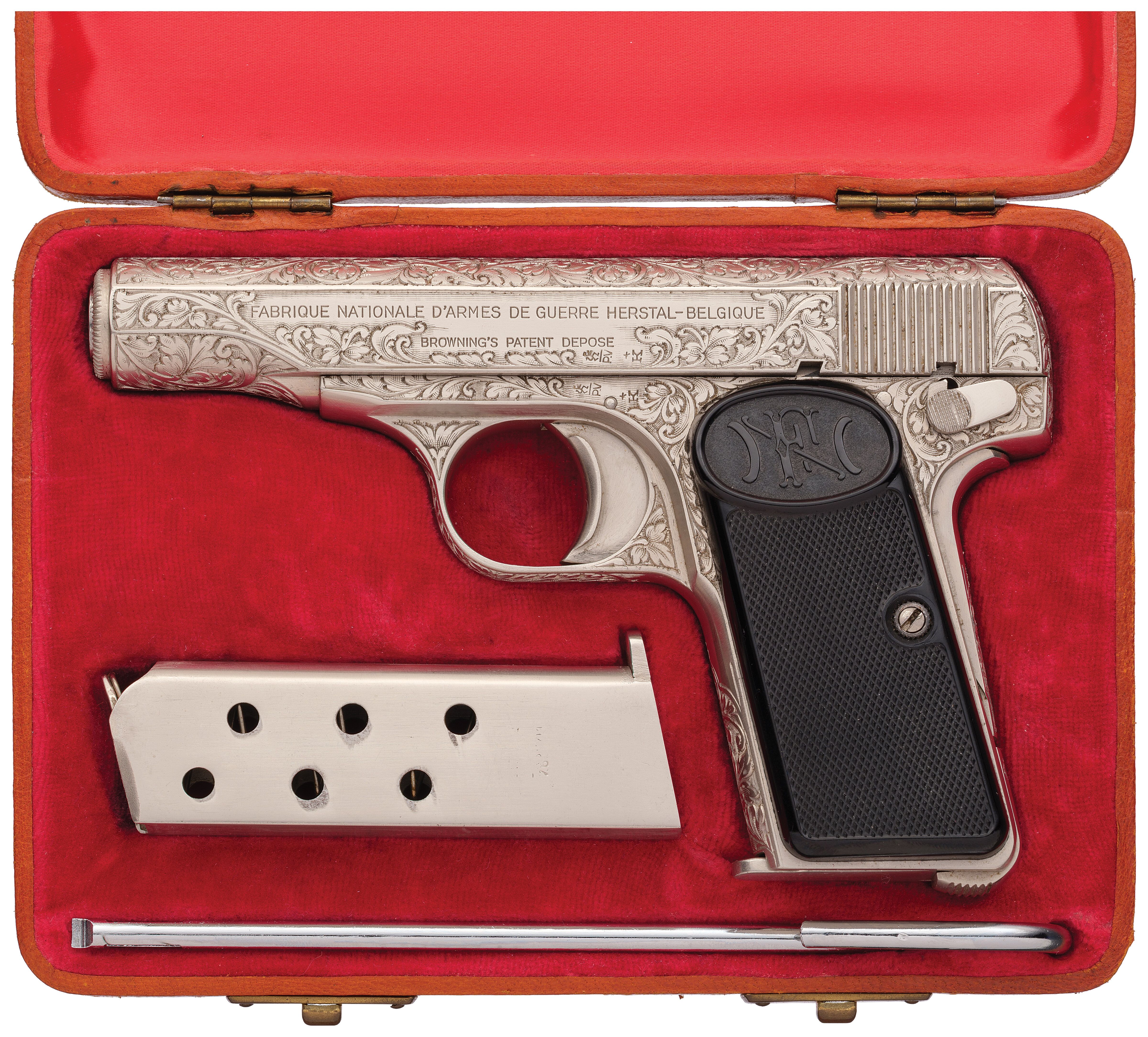 Cased, Engraved, and Nickel Finished Belgian FN M1910 Pistol