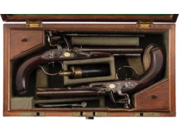 Cased Pair of McCormick Flintlock Double Barrel Carriage Pistols