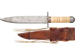 Unmarked Bowie Knife with Carved Bone Handle and Sheath