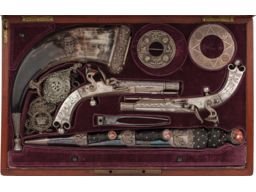 Cased Pair of Engraved W. Parker Flintlock Highland Pistols