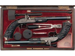 Cased Pair of 1852 Dated Engraved, Gold Inlaid Devisme Pistols