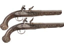 Ornate Silver Mounted, Gold Accented Pair of Ottoman Pistols