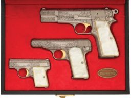 Cased Factory Engraved Belgian Browning Renaissance Pistol Set