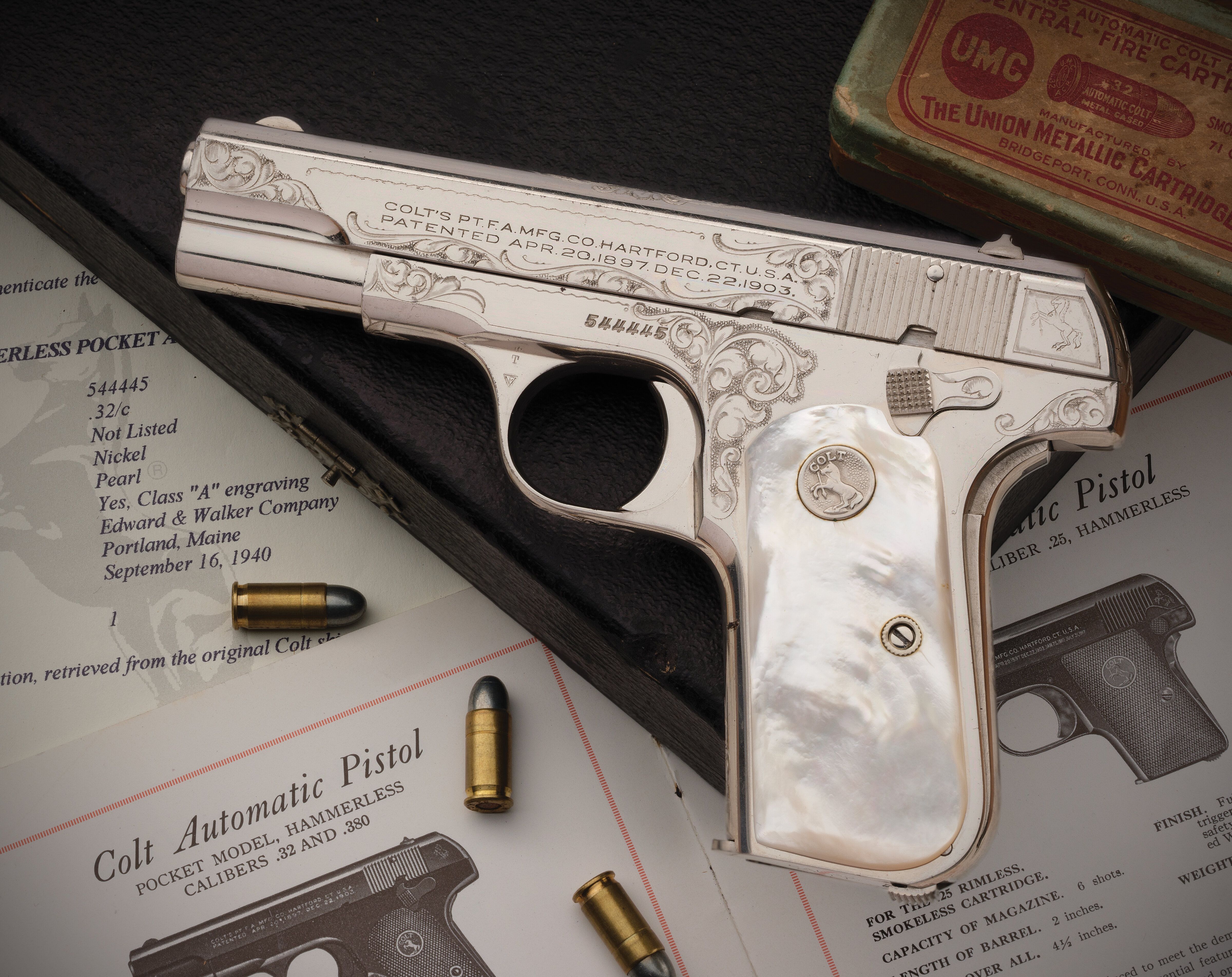 SMC 11.52 リボルバー .38 SW 59 Cased WWII Era Factory Engraved Nickeled Colt 1903 Pocket Pistol