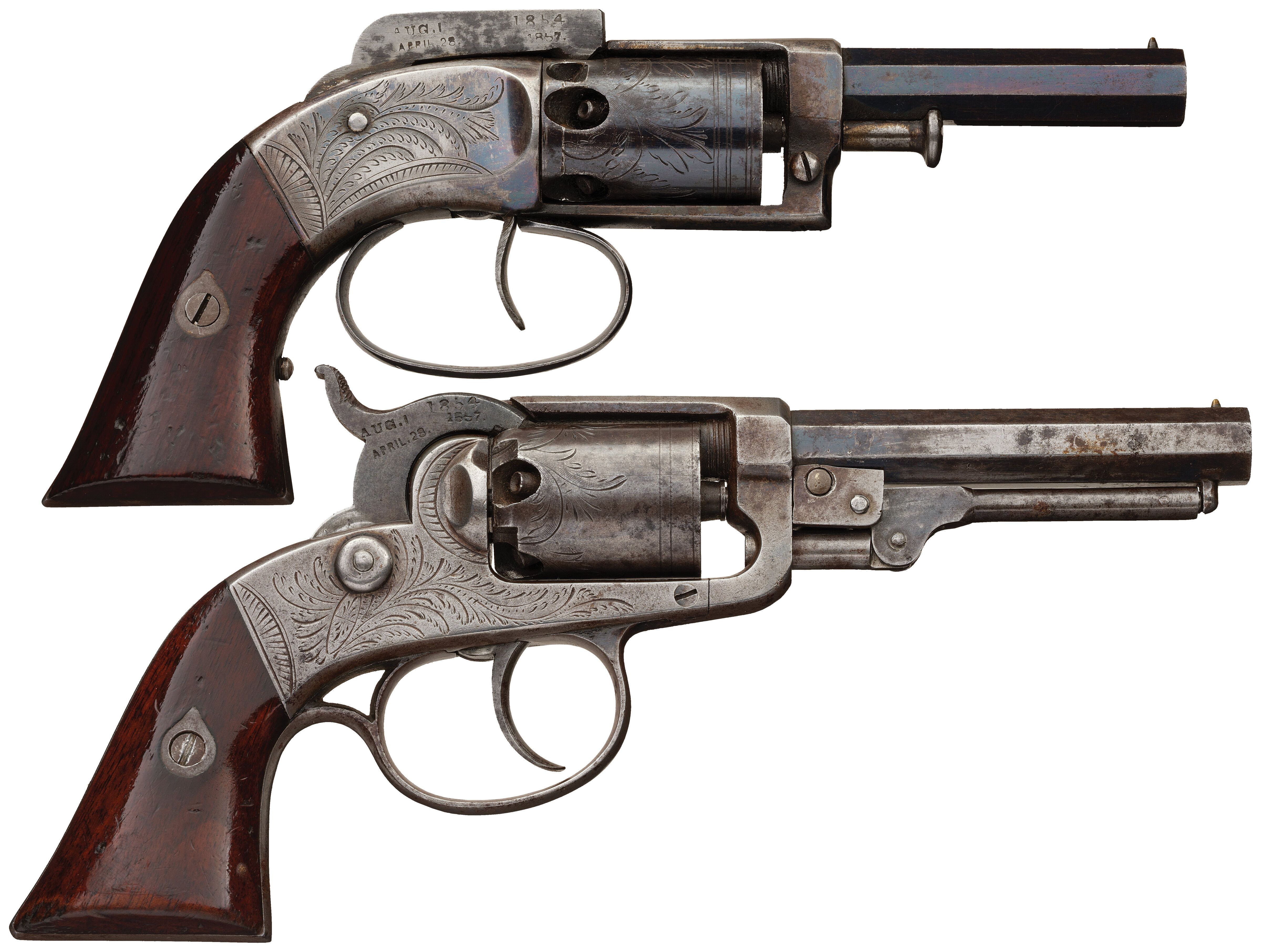 Two Scarce Engraved Josiah Ells Pocket Revolvers & Patent Model