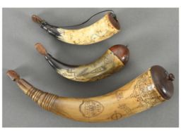 Grouping of Three Carved Powder Horns