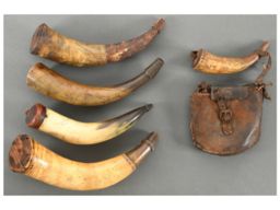 Five Powder Horns and One Leather Pouch