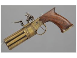 Engraved Brass Brown London Marked Flintlock Pepperbox