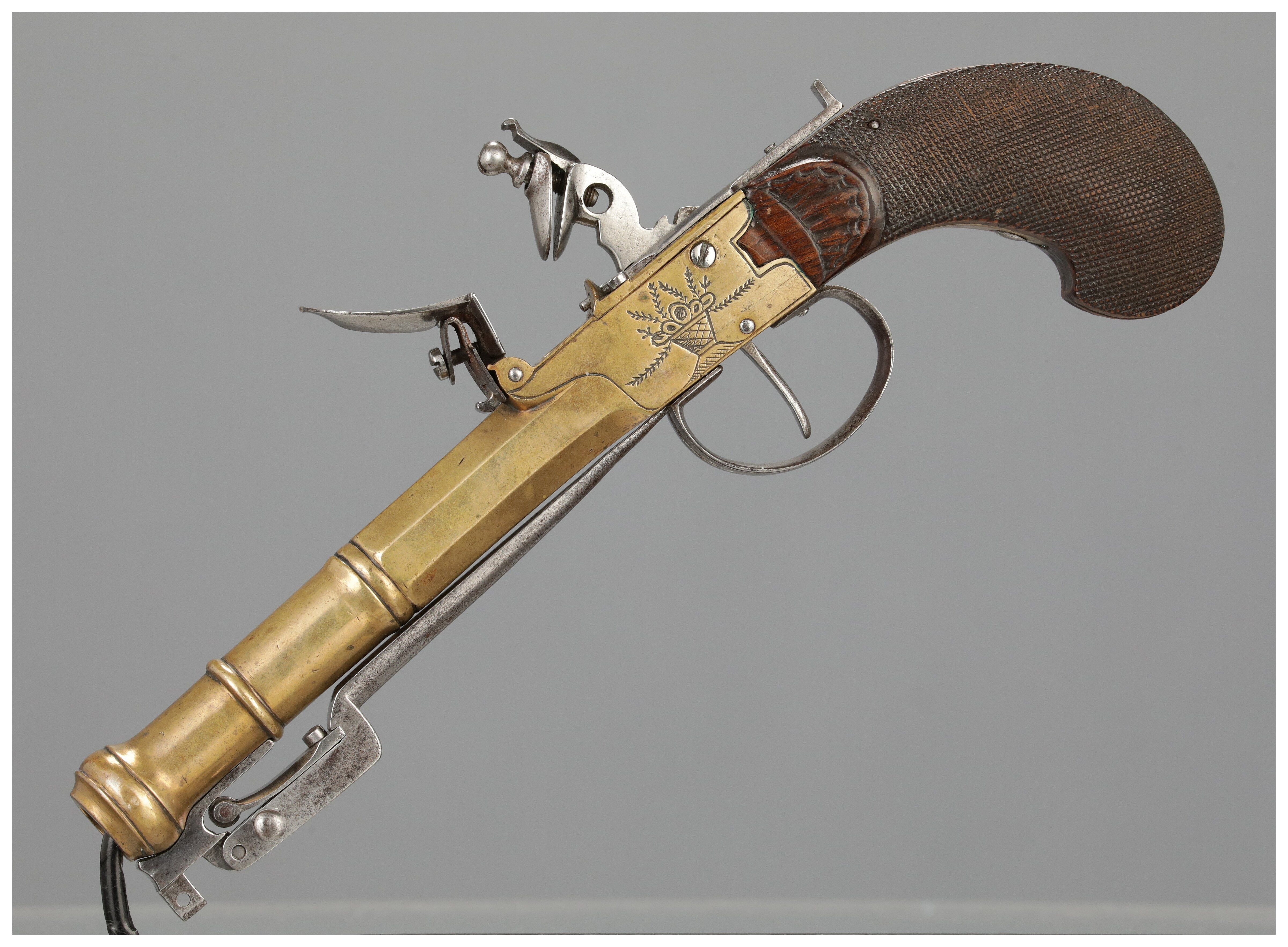 Engraved Brass Flintlock Pistol with Snap Bayonet | Rock Island Auction