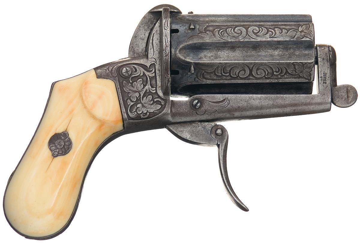 Engraved French Pinfire Pepperbox with Ivory Grips.