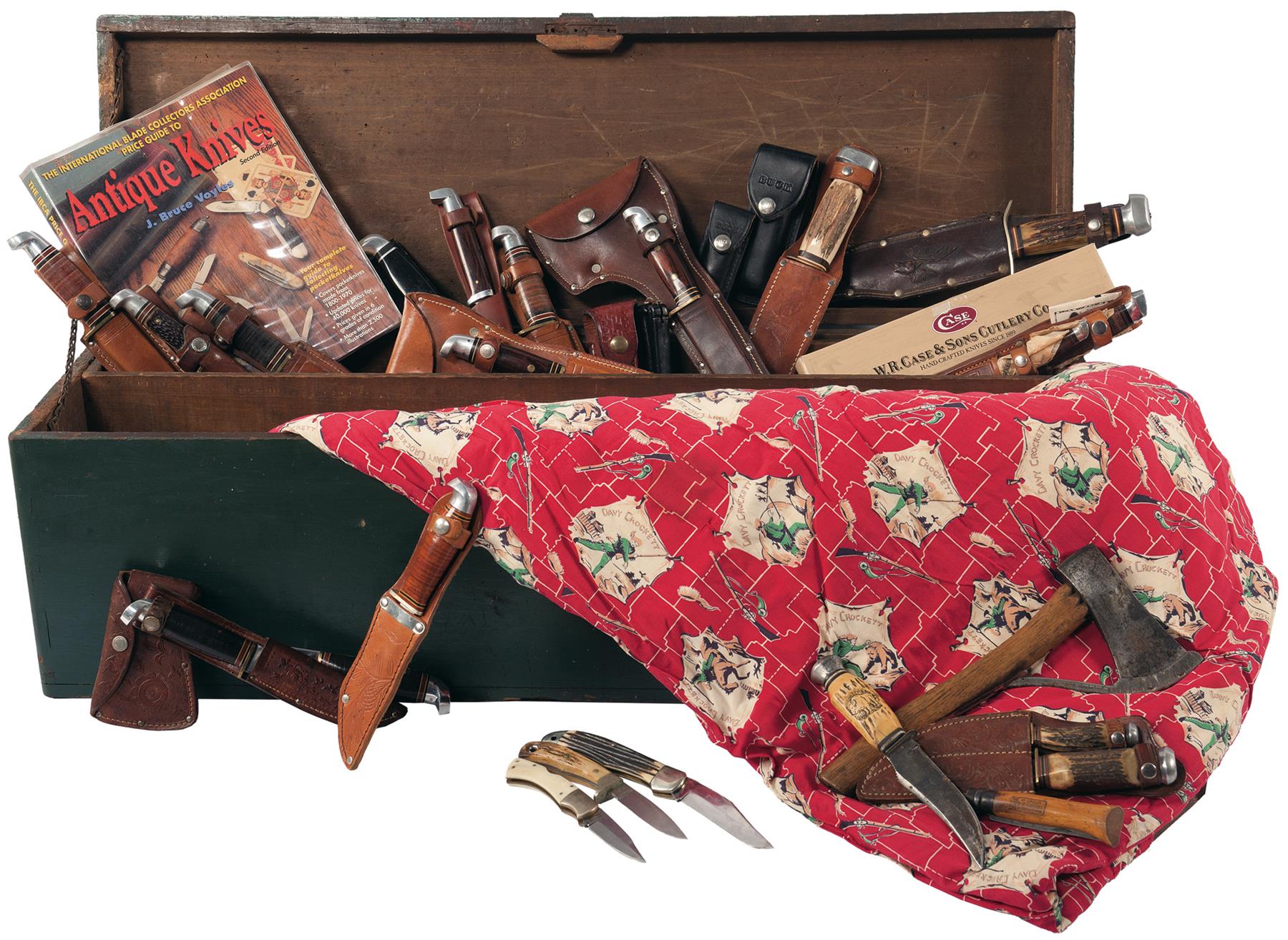 Large Group of Knives and Hatchets, One Knife Book, Hardwood Cas Rock