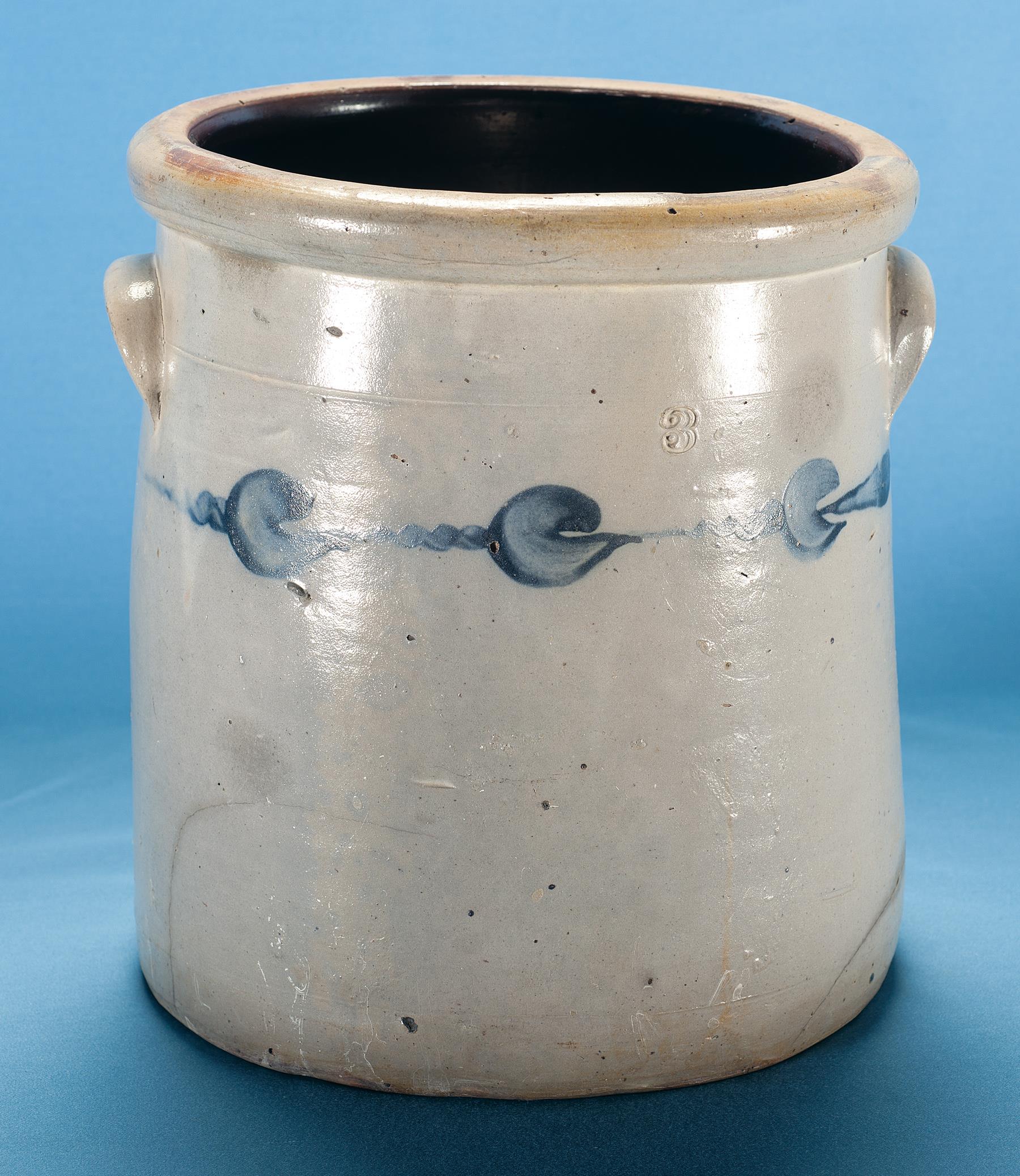 Anna Pottery Salt Glaze Three Gallon Crock with Cobalt Blue Quil Rock