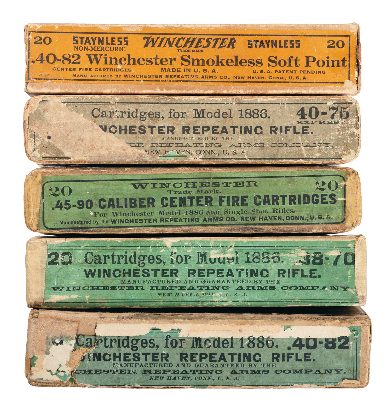 five boxes of vintage winchester 1886 rifle ammunition