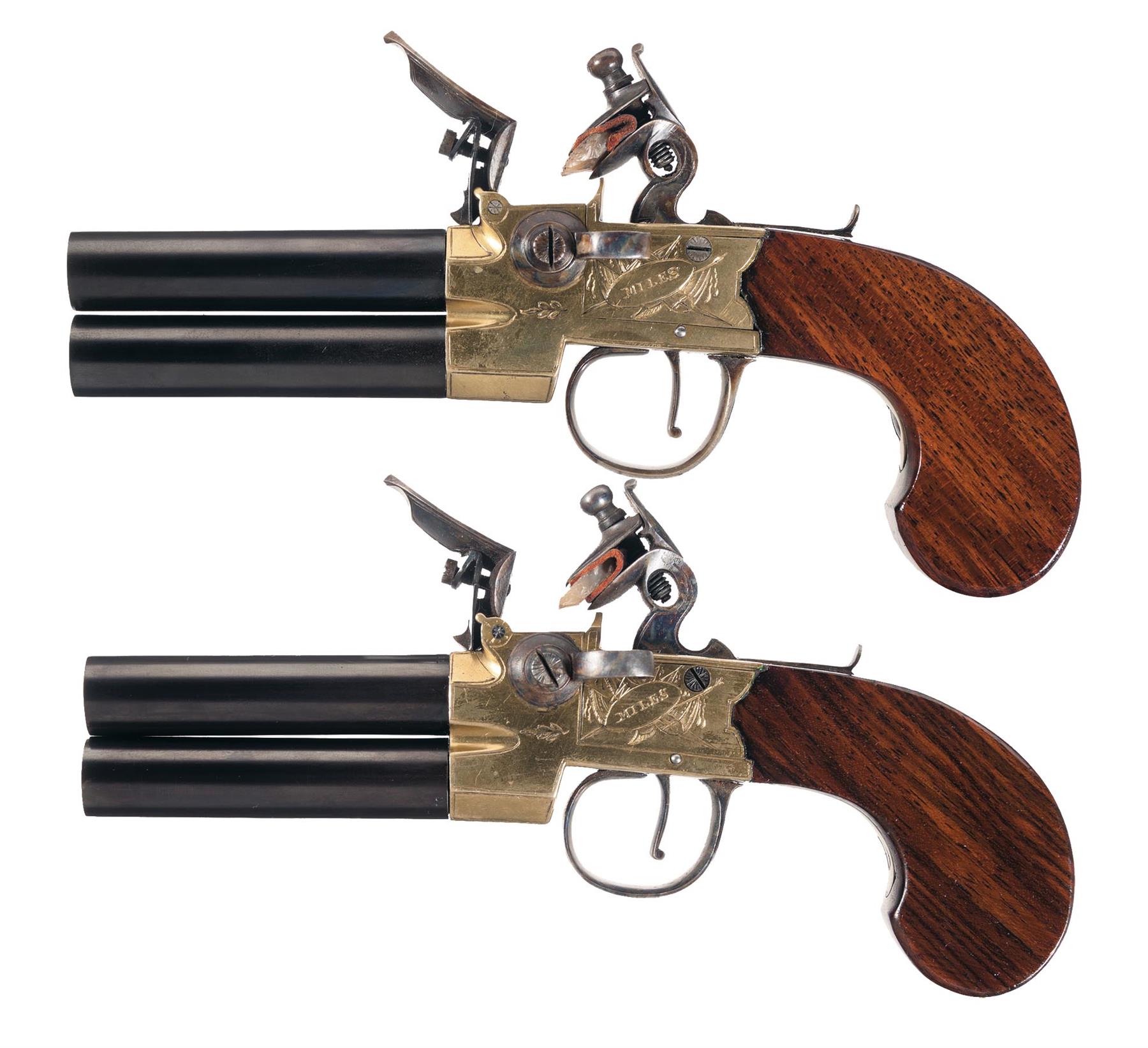Pair of John Miles English Over/Under Flintlock Pistols | Rock Island ...