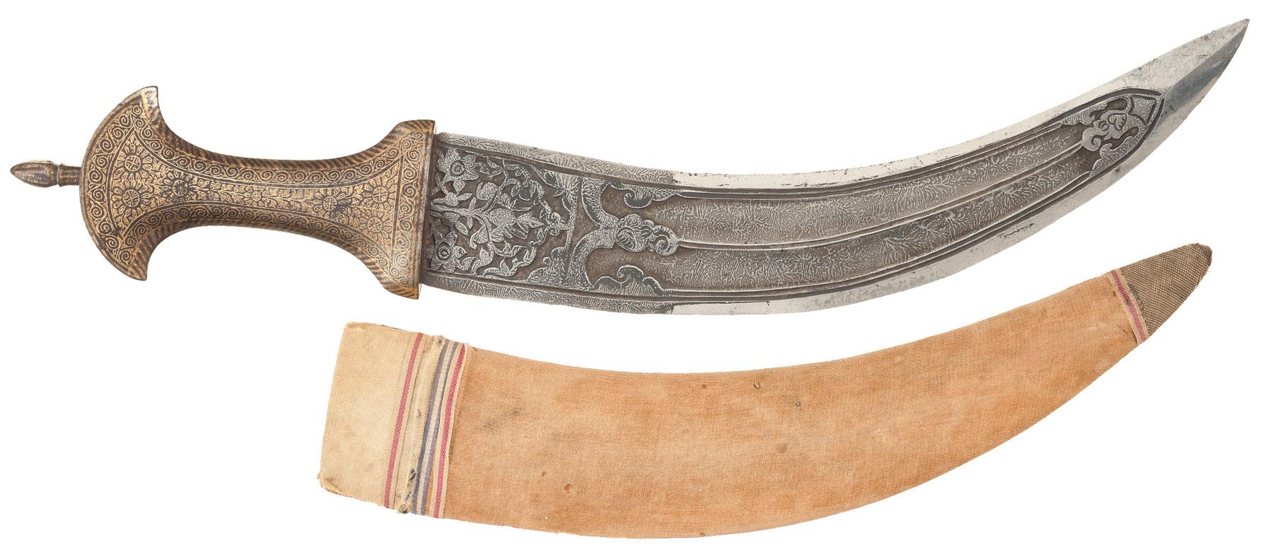 Damascus Steel Khanjar Dagger with Gold Koftgari Hilt and Uphols | Rock ...