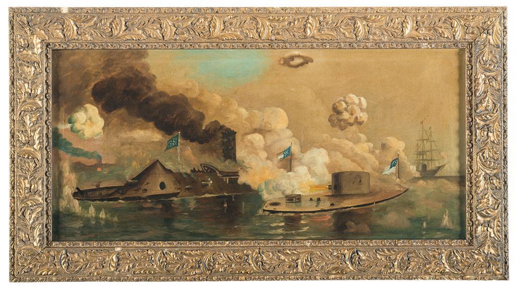 Oil Painting, 'The Monitor and Merrimack The First Fight Betwee Rock