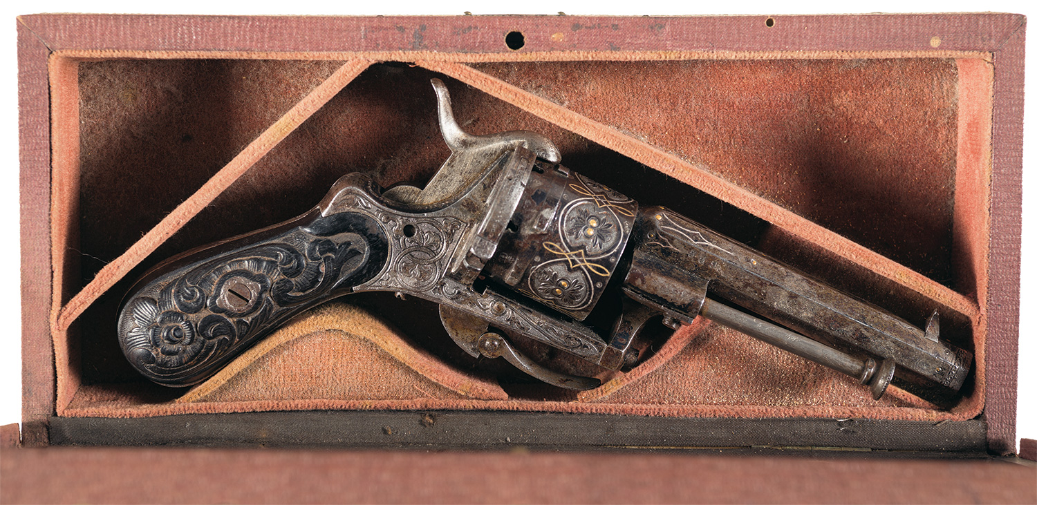 Cased Engraved And Inlaid Folding Trigger Pinfire Revolver Rock Island Auction 8339