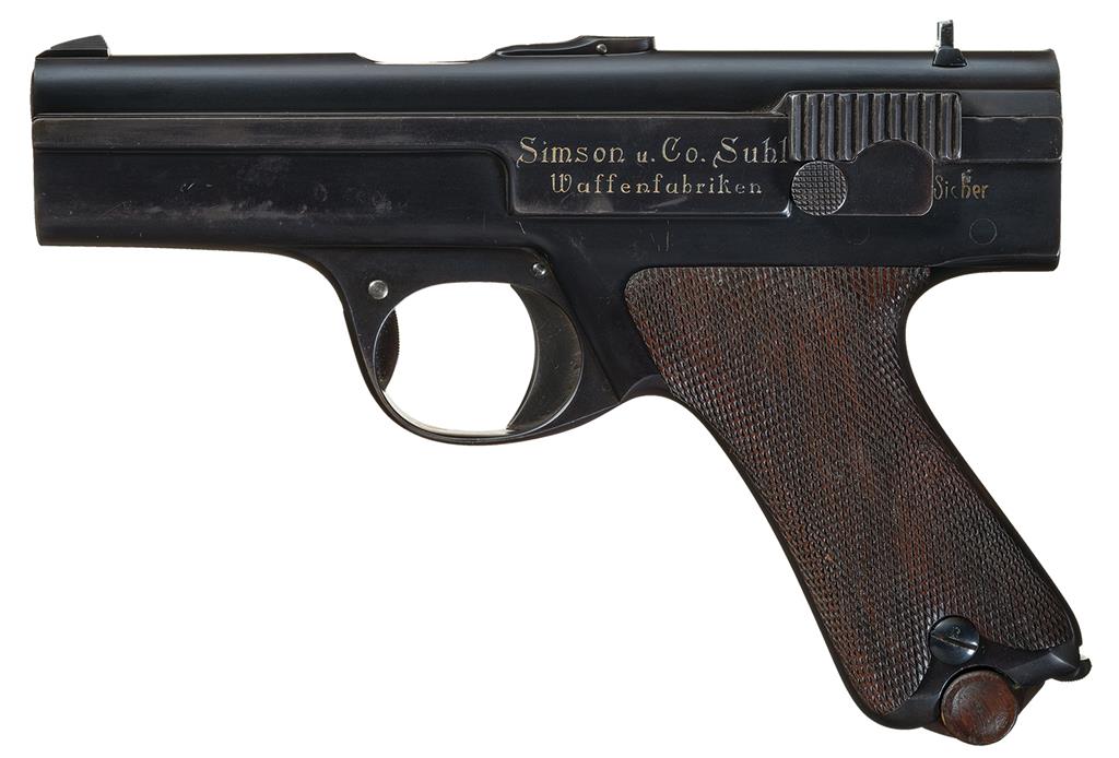 Rare Simson & Co. Prototype 9mm Semi-Automatic PistolThis is an exceptional example of a very rare early Simson & Co prototype semi-automatic pistol. This pistol was developed circa 1928/29 in the hopes of developing a larger caliber 9mm...