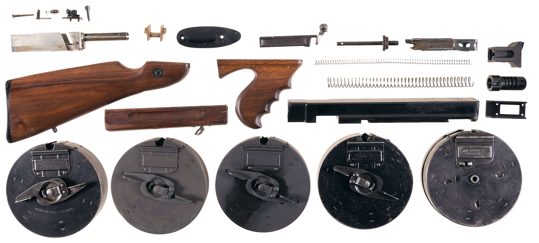 Thompson SMG Parts, Including 5 Fifty-Round Drum Magazine - All five drums ...